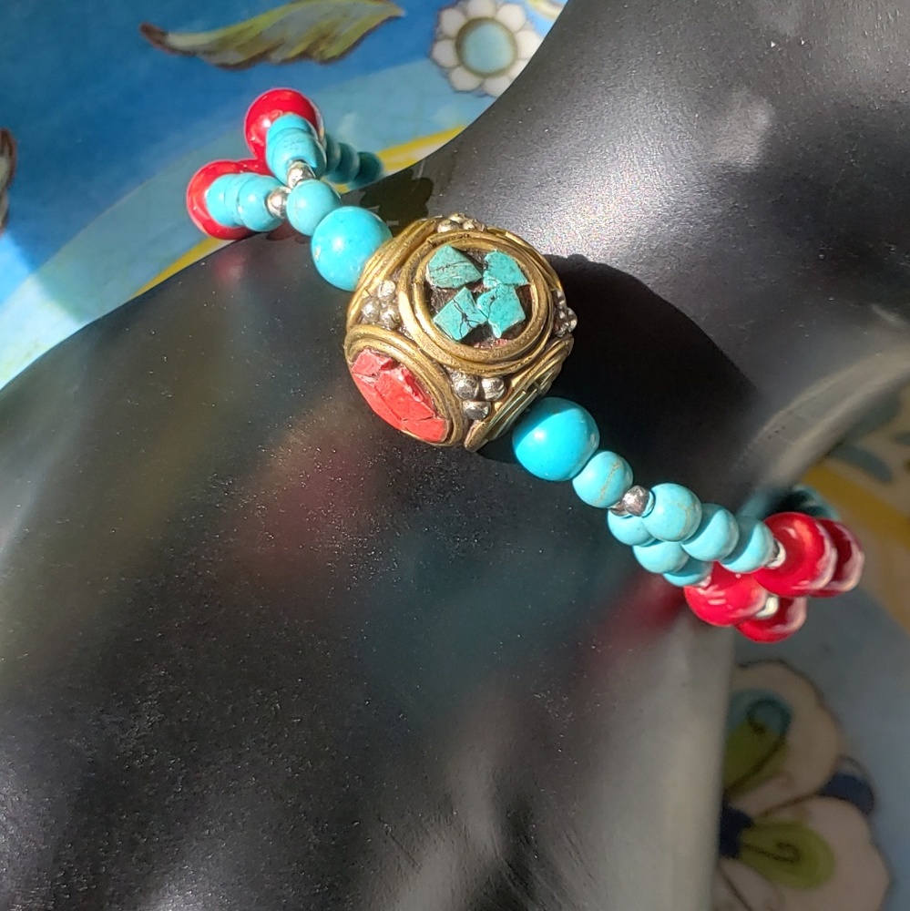 Turquoise/Coral Beaded Bracelet